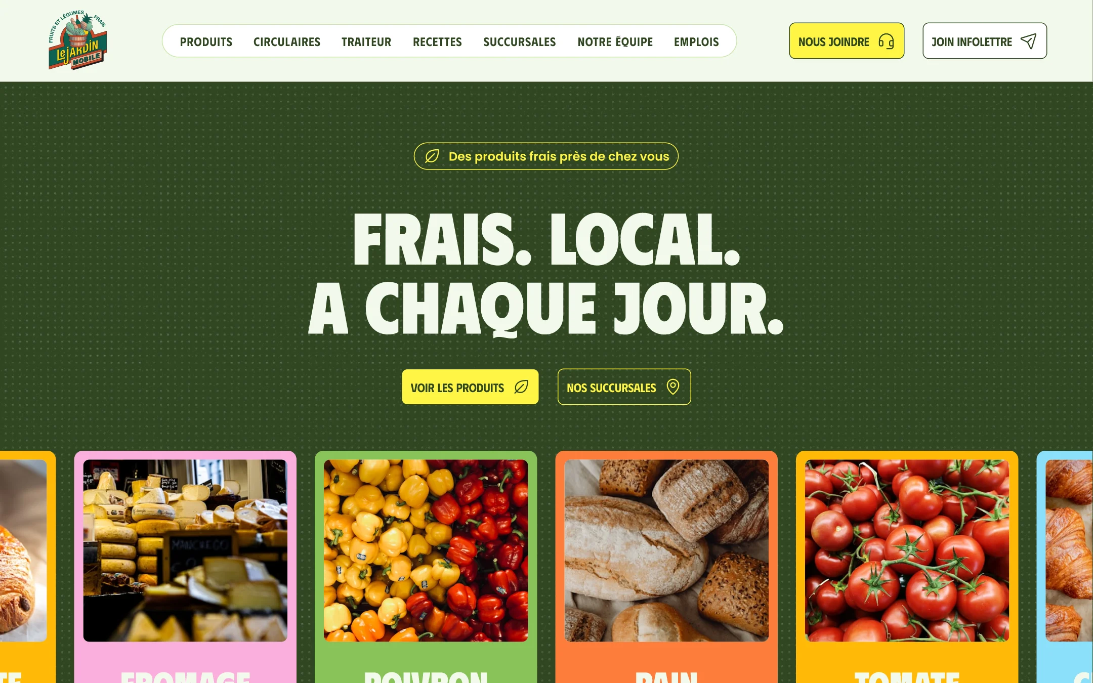 Prototipo de Le Jardin Mobile: fondo verde con el titular FRAIS. LOCAL. A CHAQUE JOUR. y tarjetas de colores con productos