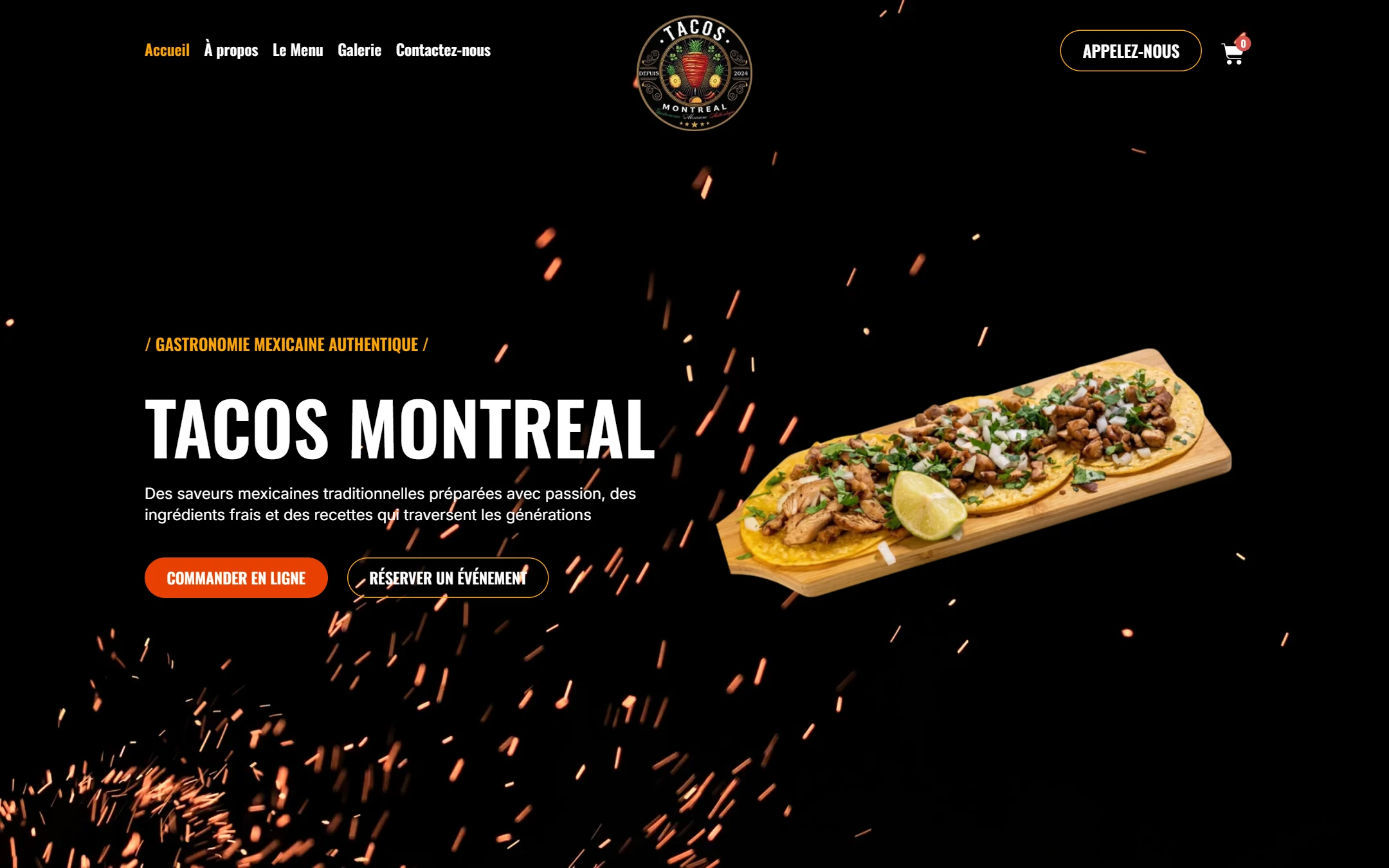 Página de inicio de Tacos Montreal: fondo negro con chispas, tacos sobre una tabla y botones para pedir en línea