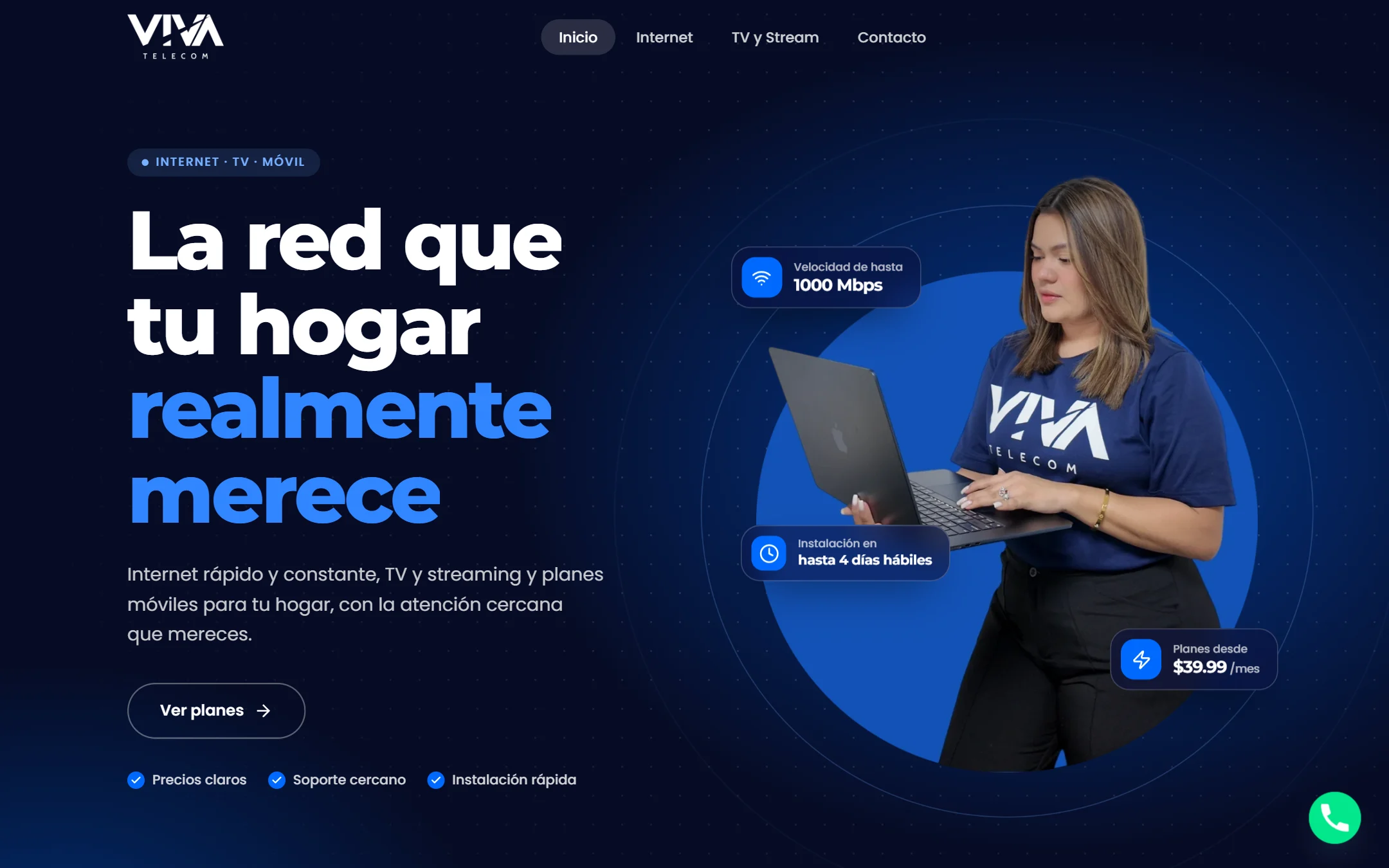 Página de inicio de Viva Telecom: fondo azul oscuro, título La red que tu hogar realmente merece, una asesora con laptop y barra para verificar cobertura