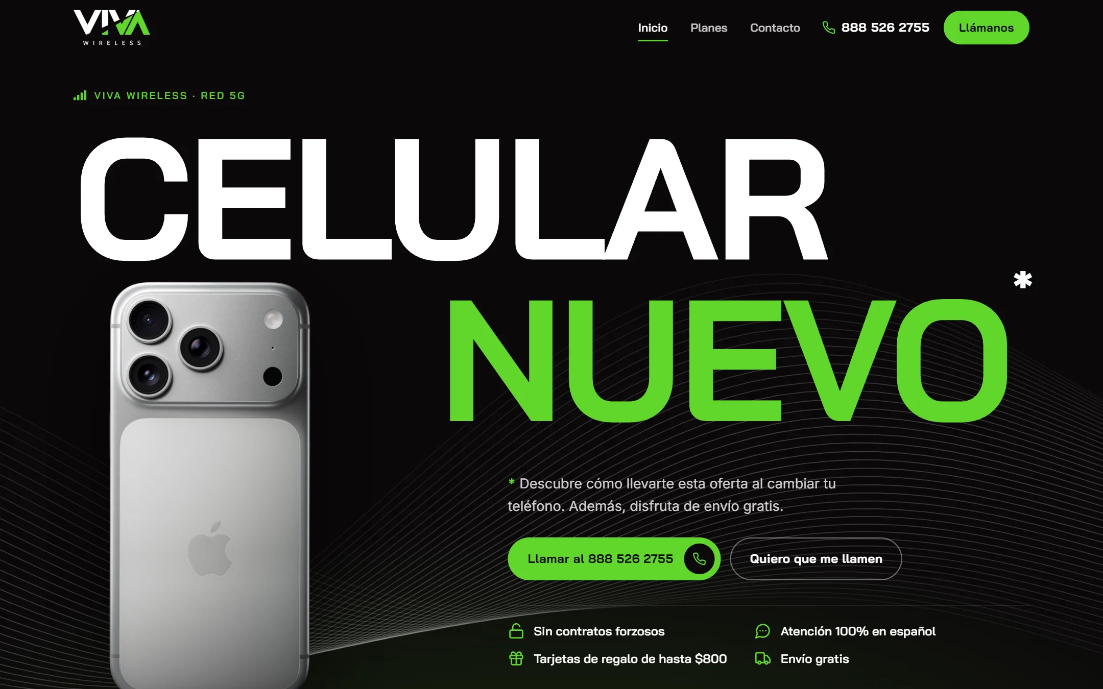 Página de inicio de Viva Wireless: título CELULAR NUEVO en blanco y verde, un teléfono y botones para llamar