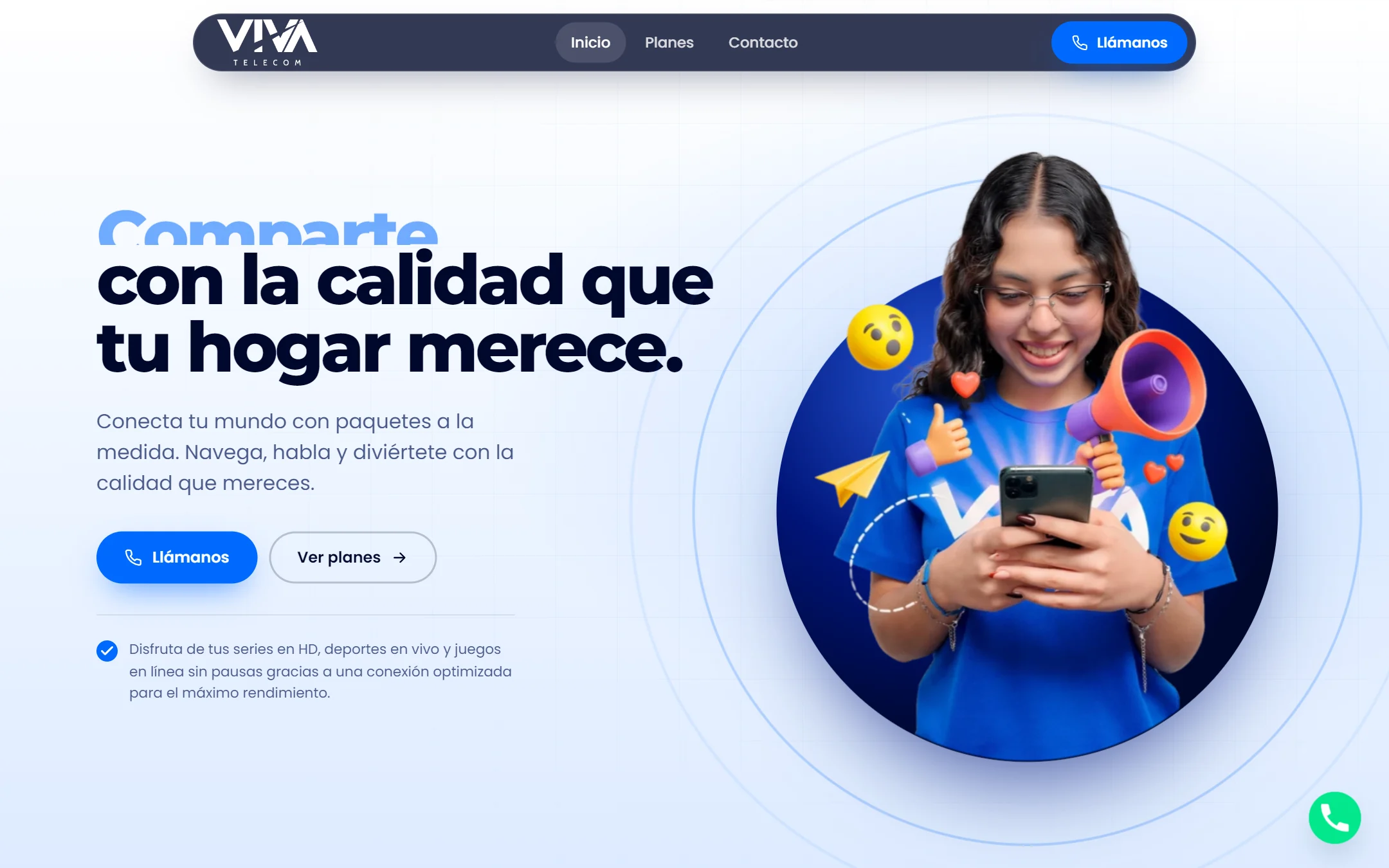 Página de inicio de Viva Telecom en versión clara: título sobre la calidad que tu hogar merece, botones para llamar y ver planes y una joven con su celular